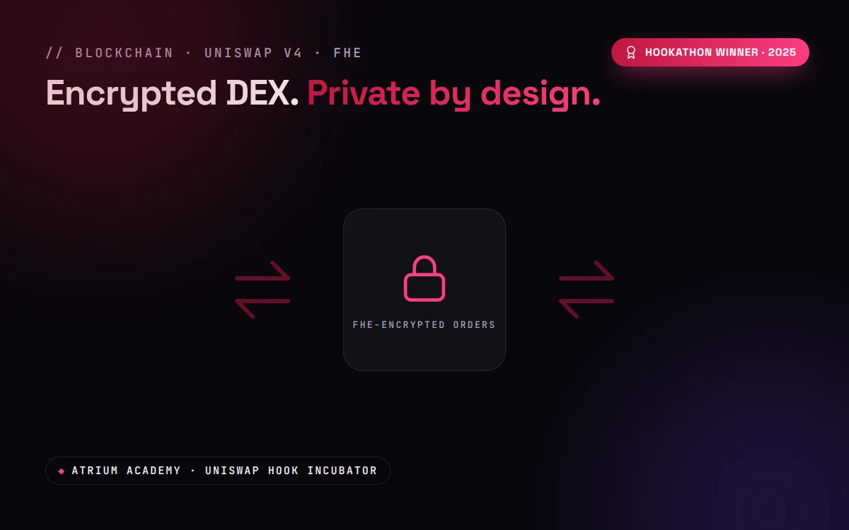 Privacy-preserving DEX — a Uniswap v4 hook using homomorphic encryption (FHE), winner of Atrium Academy's Uniswap Hook Incubator Hookathon