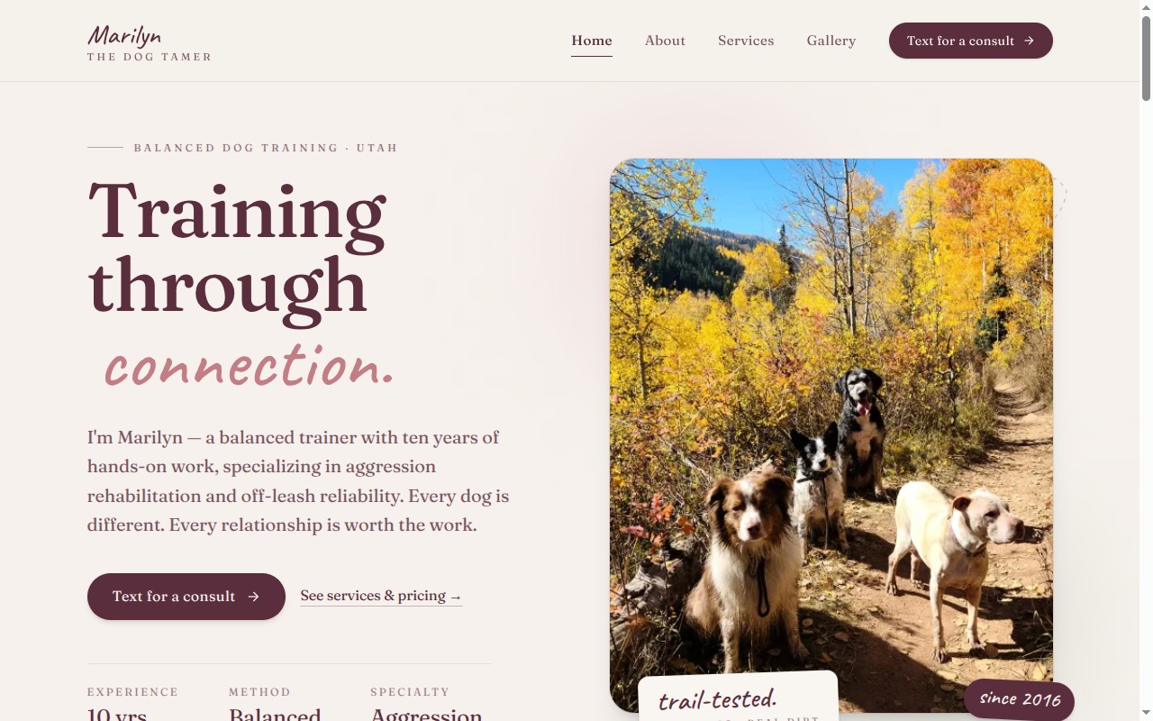 Marilyn the Dog Tamer — Utah dog training website built by Blockchain Solutions